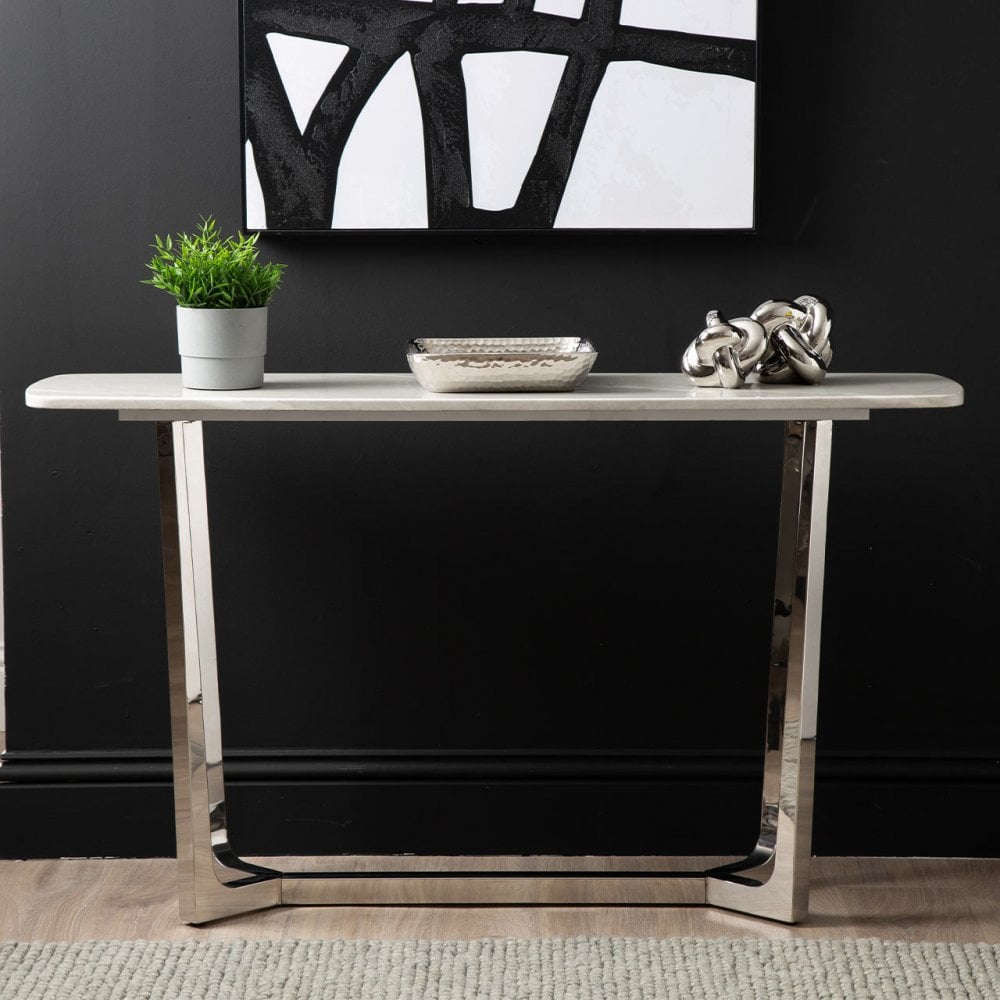 Meghan Chrome Metal Console Table with Grey Faux Marble Top - 2 Parts
