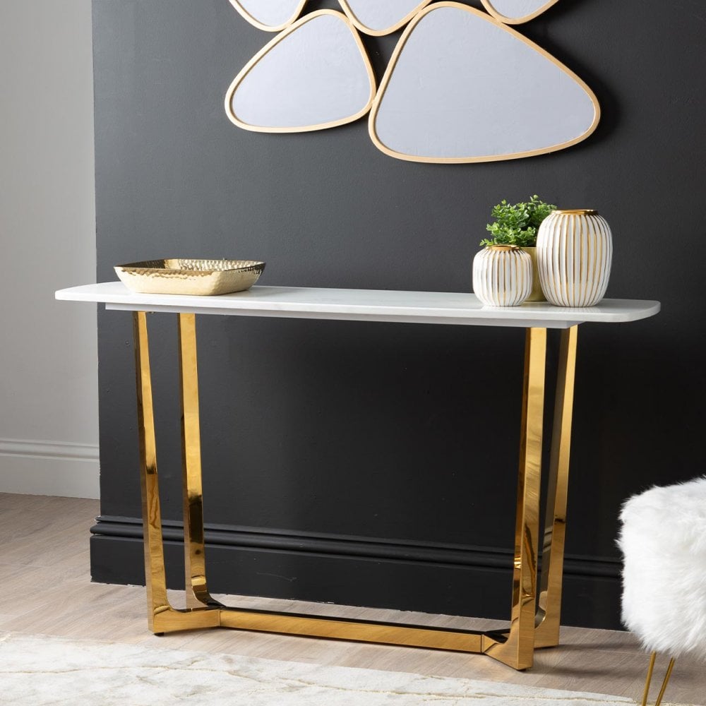 Meghan Gold Metal Console Table with White Faux Marble Top - 2 Parts