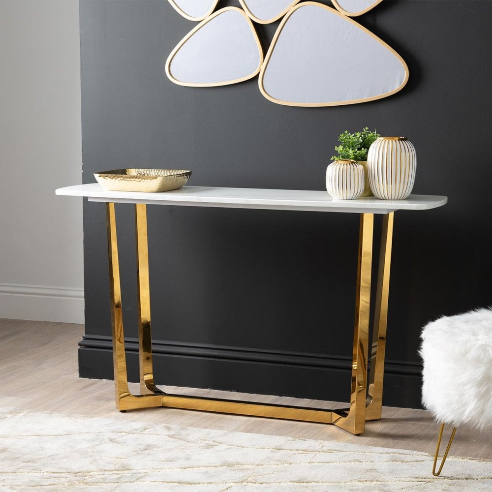 Meghan Gold Metal Console Table with White Faux Marble Top - 2 Parts