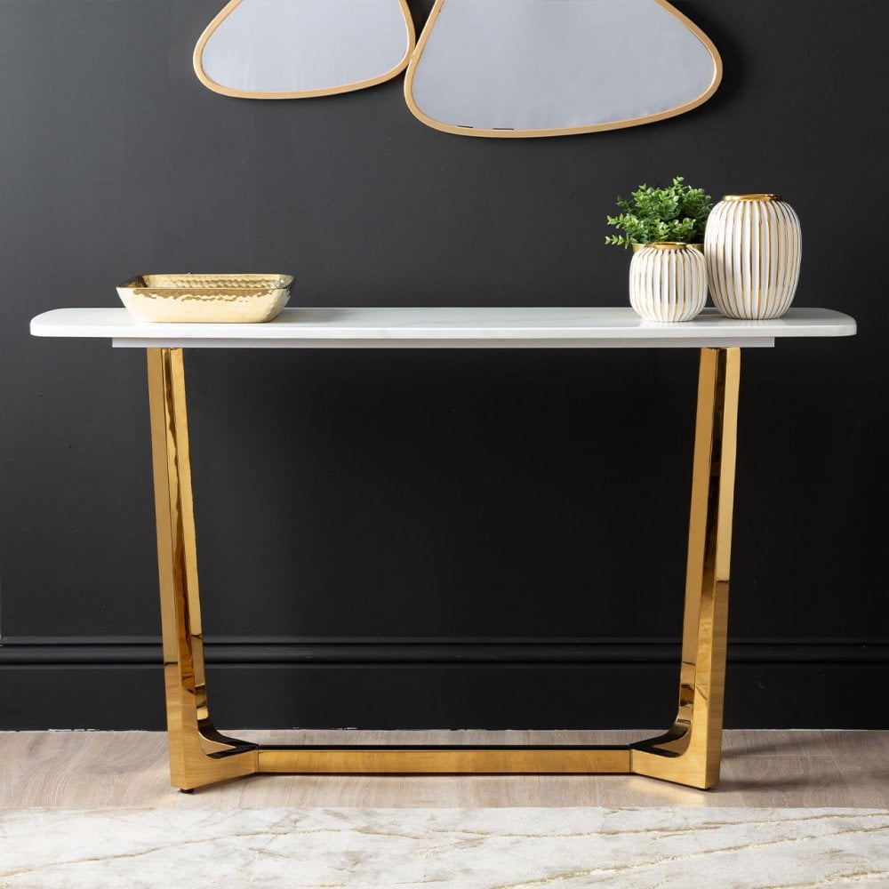 Meghan Gold Metal Console Table with White Faux Marble Top - 2 Parts