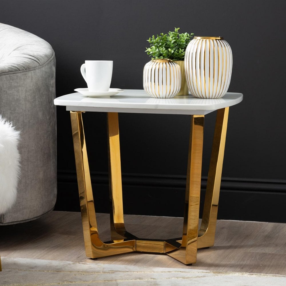 Meghan Gold Metal End Table with White Faux Marble Top - 2 Parts