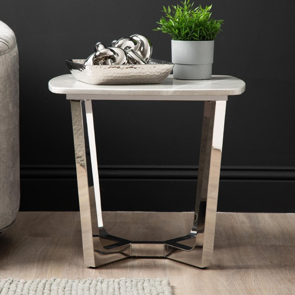 Meghan Chrome Metal End Table with Grey Faux Marble Top - 2 Parts