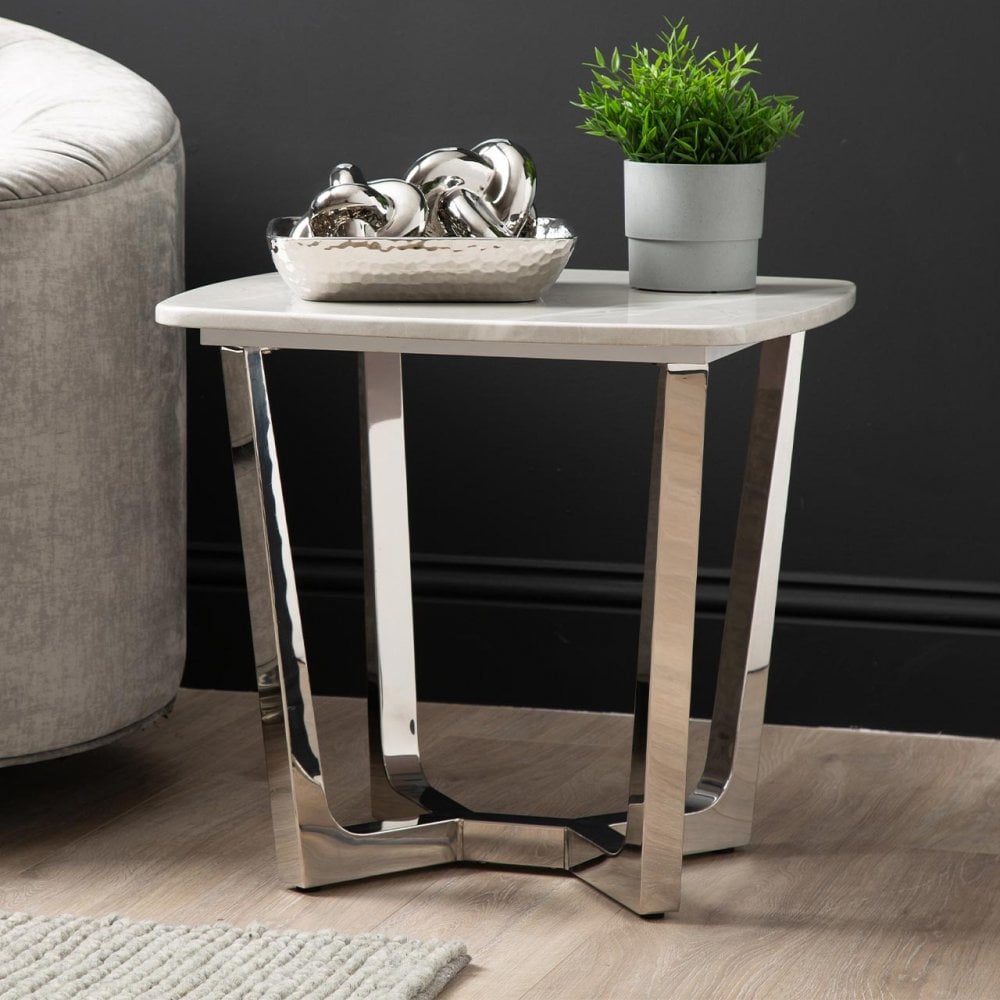Meghan Chrome Metal End Table with Grey Faux Marble Top - 2 Parts