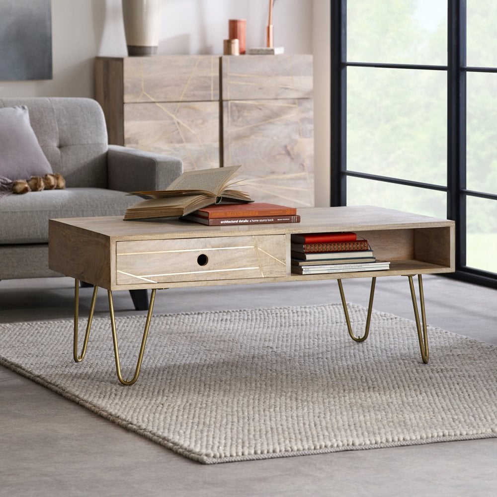 Light Gold Rectangular Coffee Table With Drawer