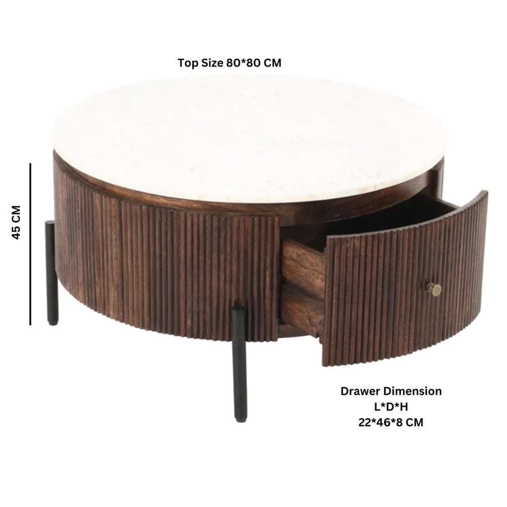 Opal Mango Wood Round Fluted Coffee Table With Marble Top & Metal Legs