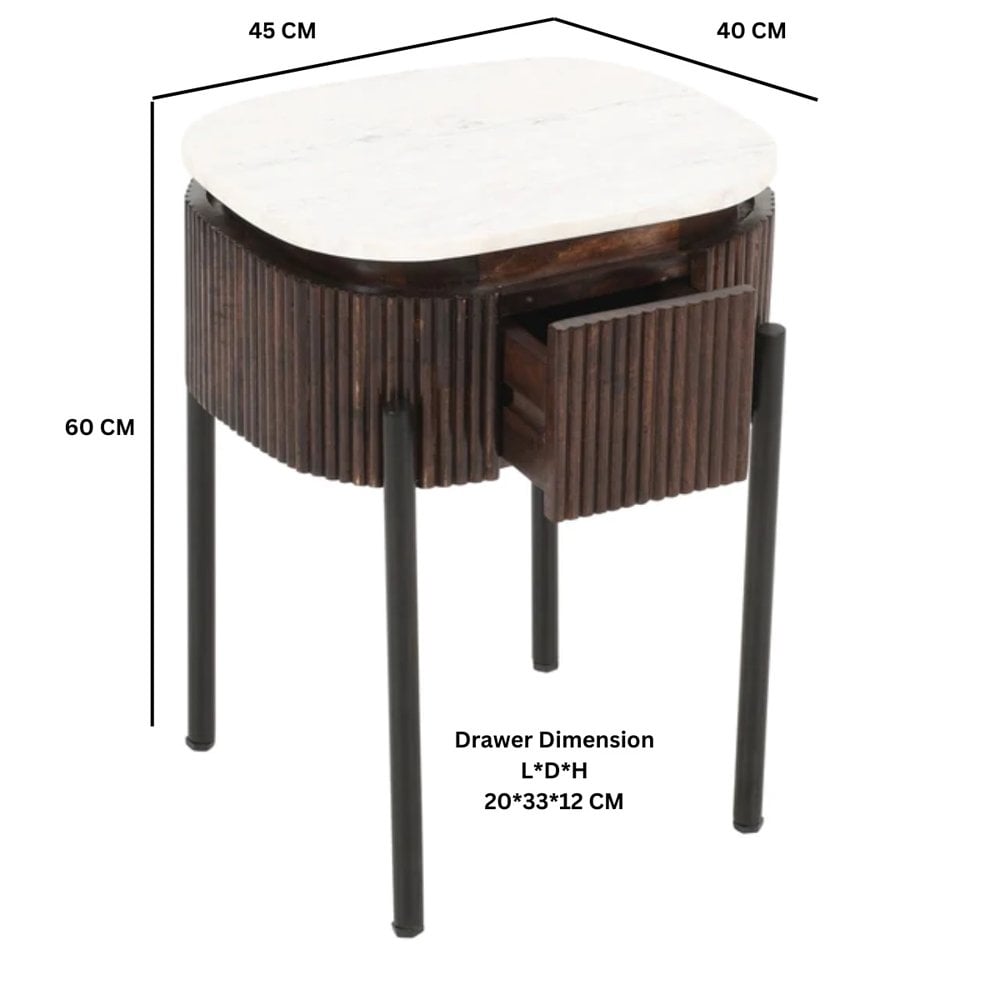 Opal Mango Wood Bedside Table With Marble Top & Metal Legs