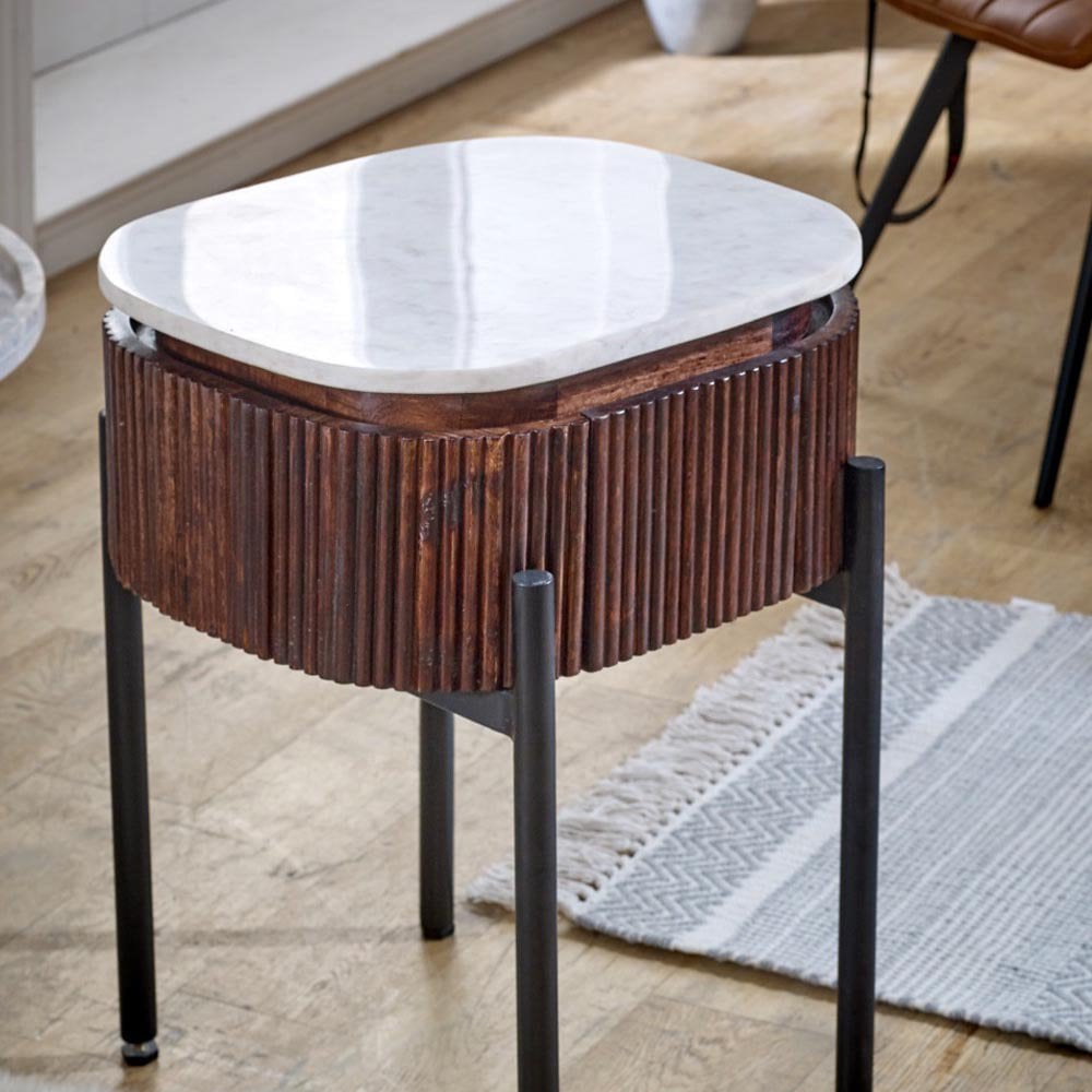 Opal Mango Wood Bedside Table With Marble Top & Metal Legs