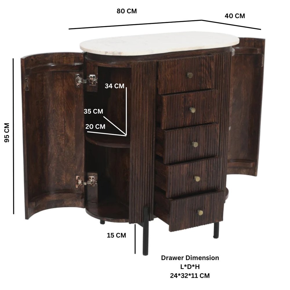 Opal Mango Wood Wide Chest Of Drawers With Marble Top & Metal Legs