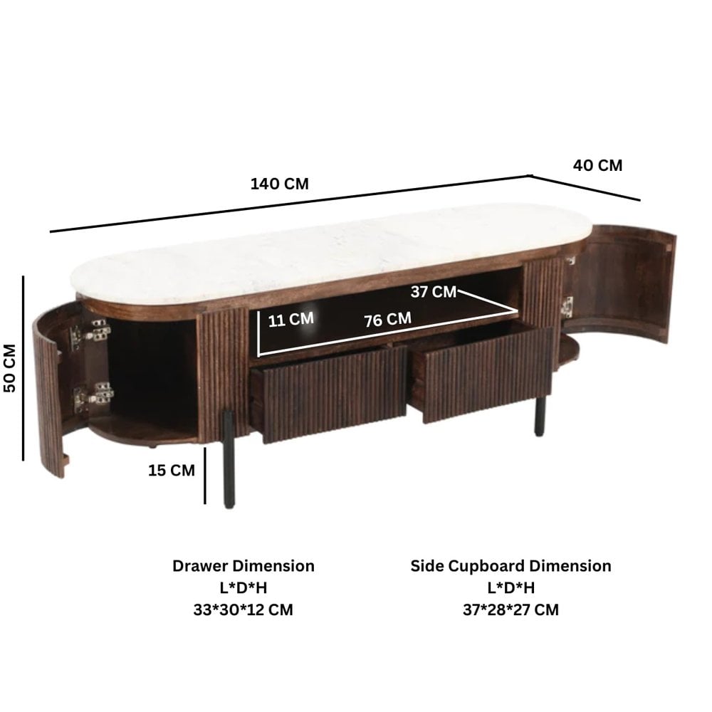 Opal Mango Wood Tv Cabinet With Marble Top & Metal Legs