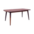 Rectangular wooden dining table with angled legs and natural grain finish
