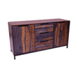 Sheesham wood sideboard with three drawers and two cabinet doors, black metal legs