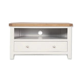 White TV unit with oak top, open shelf and single drawer, front view