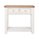White console table with oak top, two drawers and lower shelf, front view