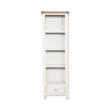 White tall bookcase with oak top, three shelves and single drawer at the base
