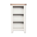 White wooden bookcase with three open shelves and light oak top, front view