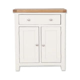 White wooden sideboard with oak top, single drawer and two cupboard doors front view