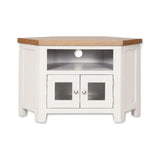 Corner TV unit with white frame, oak top, glass cabinet doors and open shelf