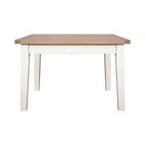 Rectangular dining table with white legs and natural wood top, front angle view