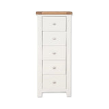 White wooden tallboy chest with five drawers and oak top