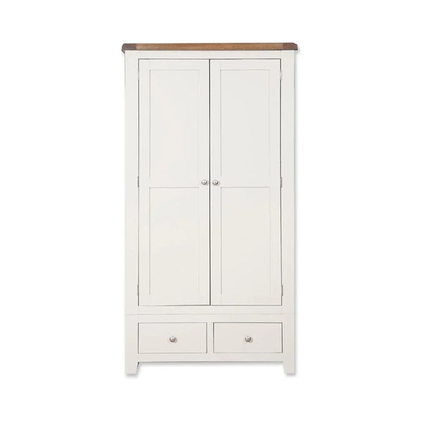 White wardrobe with two doors, two drawers, and oak top, shown from front angle