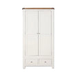 White wardrobe with two doors, two drawers, and oak top, shown from front angle