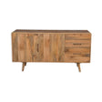 Mid-century mango wood sideboard with two doors and three drawers on angled legs