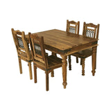 Solid wood dining table with four carved wooden chairs, rustic finish, front angle view