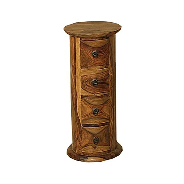 Round wooden chest of drawers with four metal handles, natural wood grain finish