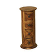 Round wooden chest of drawers with four metal handles, natural wood grain finish