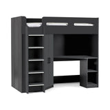Black kids’ loft bed with integrated desk, wardrobe, stairs and open shelving