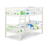 White wooden bunk bed with dinosaur bedding and side ladder, angled front view