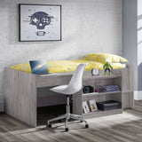 Grey wooden mid sleeper bed with built-in shelves, desk chair, and yellow bedding set