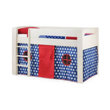 White kids mid sleeper bed with blue star tent, ladder, and red play curtain