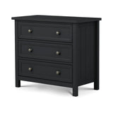 Black chest of drawers with three spacious drawers and round metal handles, side panel detail