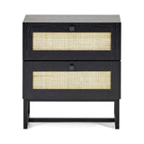Black wood bedside table with rattan drawers and metal legs, front facing view