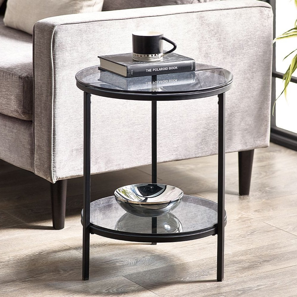 Chicago Circular Lamp Table With Shelf - Smoked Glass
