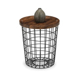 round wireframe side table with wood top and decorative vase