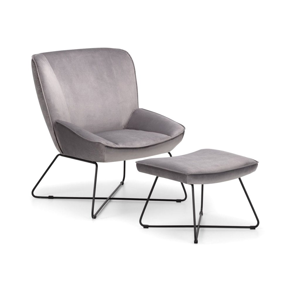 Mila Velvet Accent Chair With Stool - Grey