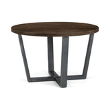 Round dining table with dark wood top and angled metal legs