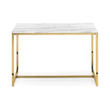 Rectangular marble top coffee table with gold metal frame, front view