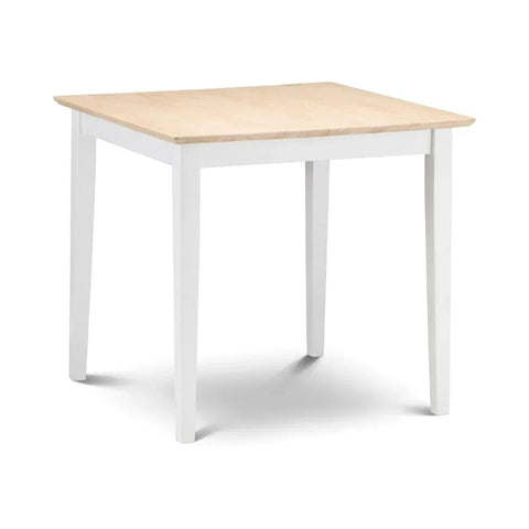 Square dining table with light wood top and white legs, shown from angle