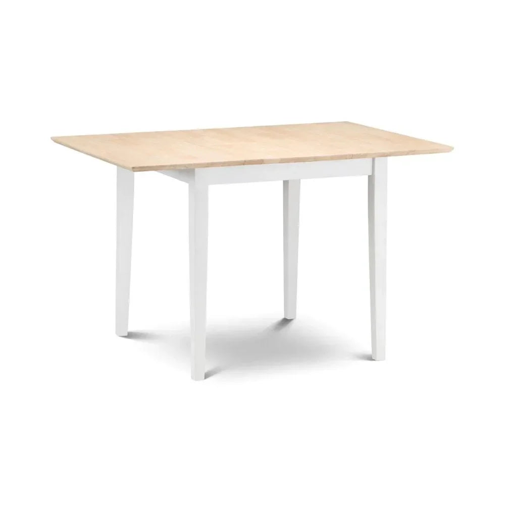 Rectangular dining table with light wood top and white legs, shown against a white background