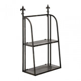 Black metal wall shelf with two tiers and fleur-de-lis finials, side angle view