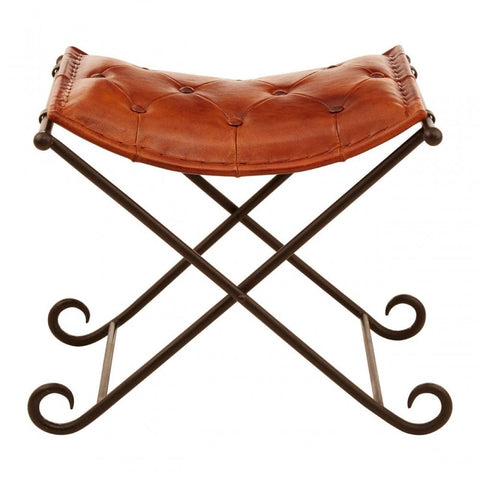 Bison Tan Leather And Iron Folding Stool