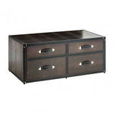 Brown faux leather storage chest with four drawers and black metal handles