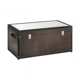 Brown storage trunk with faux crocodile texture, metal corner accents and latch handles