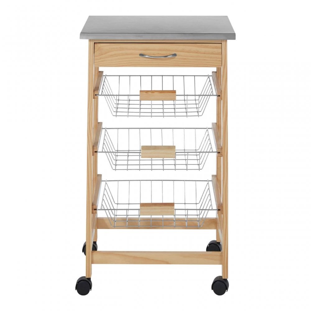 Brent Glenn 3 Wire Baskets Pinewood Kitchen Trolley