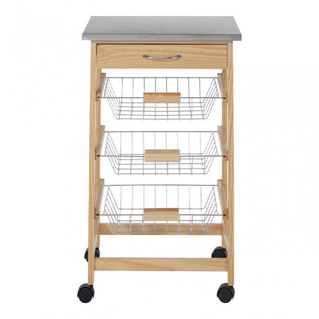 Brent Glenn 3 Wire Baskets Pinewood Kitchen Trolley