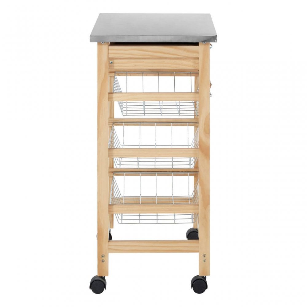Brent Glenn 3 Wire Baskets Pinewood Kitchen Trolley