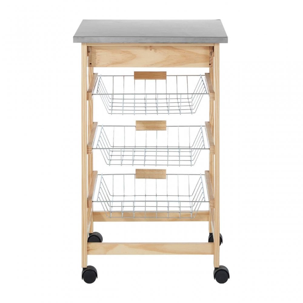 Brent Glenn 3 Wire Baskets Pinewood Kitchen Trolley